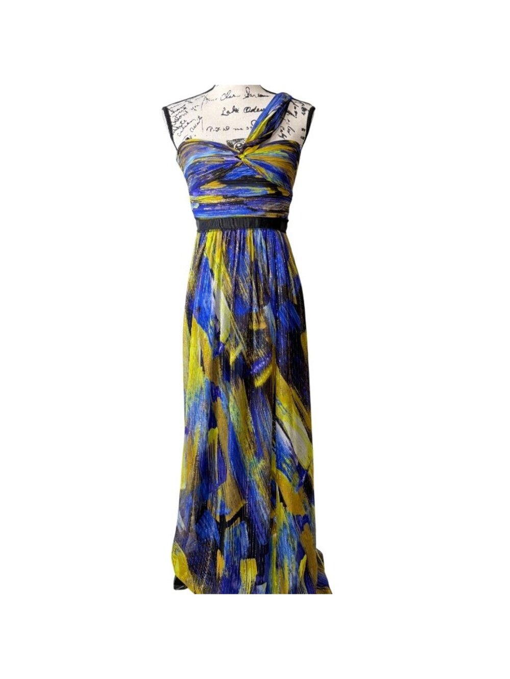 BCBGMAXAZRIA Size 4 Inga Gown Dress Silk One-Shoulder Metallic Blue Yellow Flowy